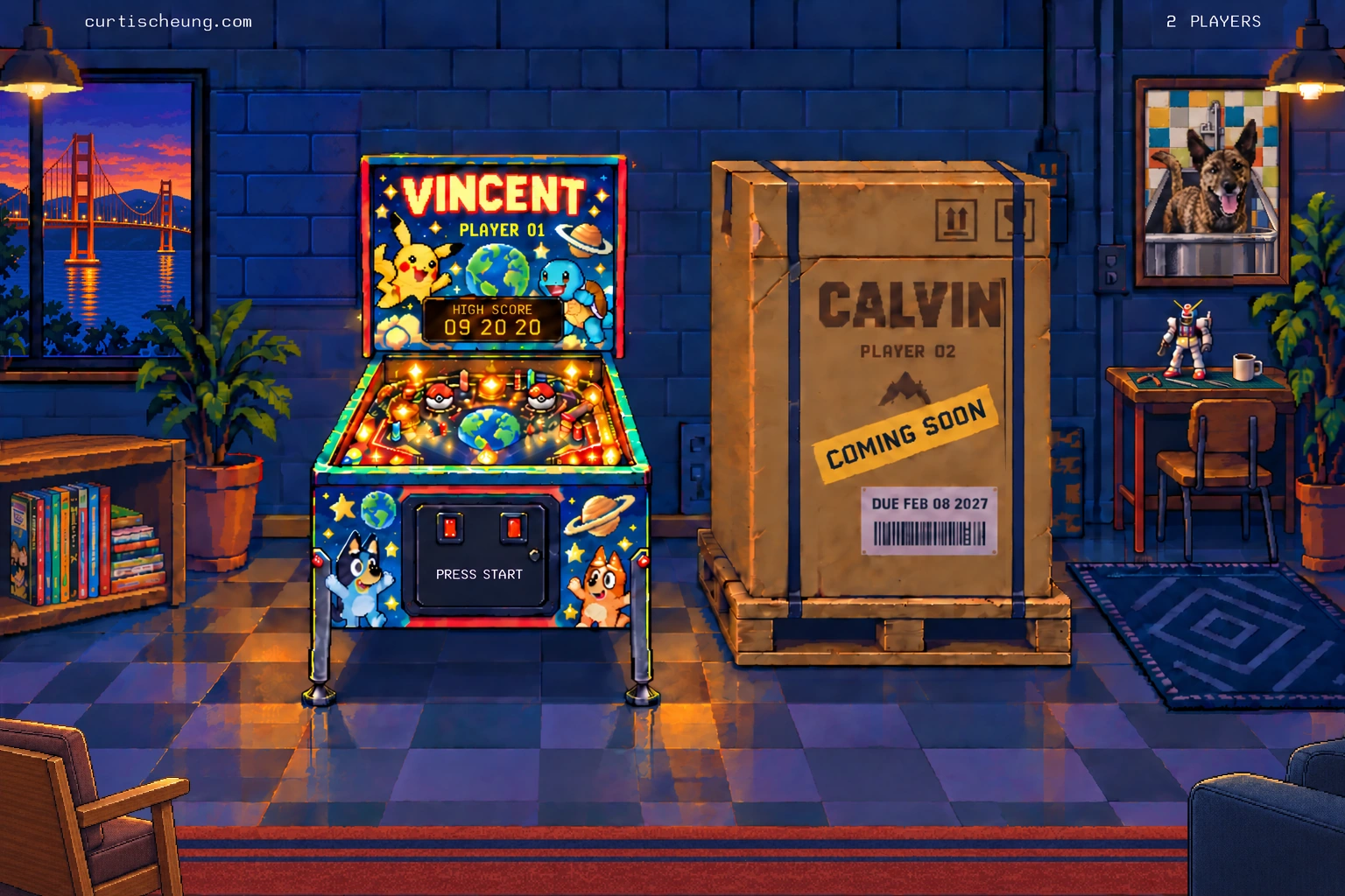 A cozy blue-and-amber pixel room with blue brick walls and reflective tile flooring: Vincent’s Pokémon, planets and Bluey pinball machine beside Calvin’s unopened machine, the Golden Gate Bridge outside the original window, a tiny abstract family print, Sudo’s portrait, comics, a Gunpla hobby desk, and foreground lounge furniture.