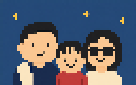 A simple 8-bit illustration of three smiling family characters.